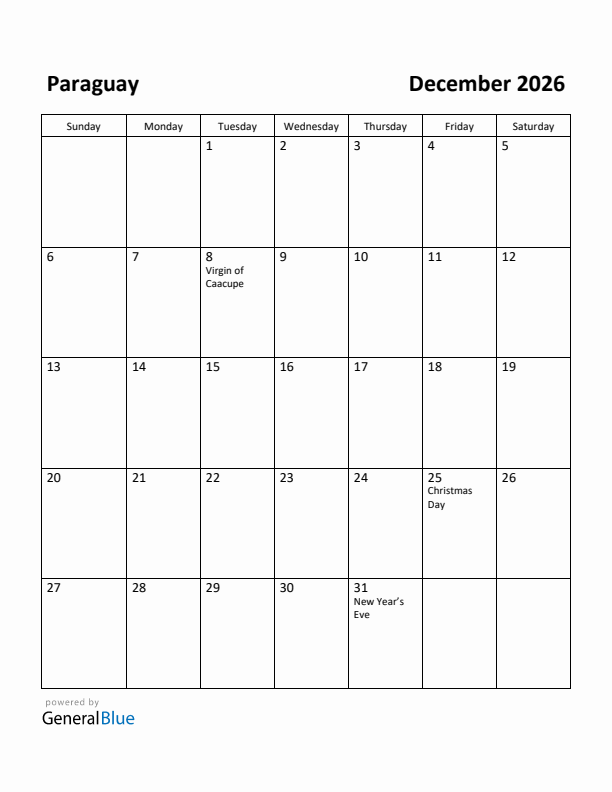 December 2026 Calendar with Paraguay Holidays