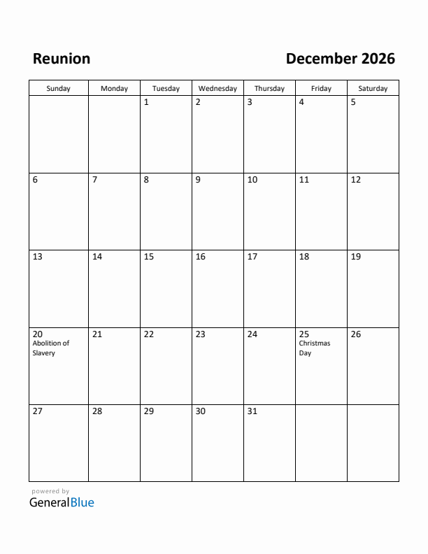 December 2026 Calendar with Reunion Holidays