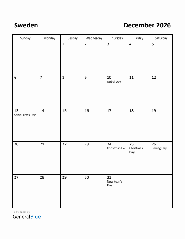 December 2026 Calendar with Sweden Holidays