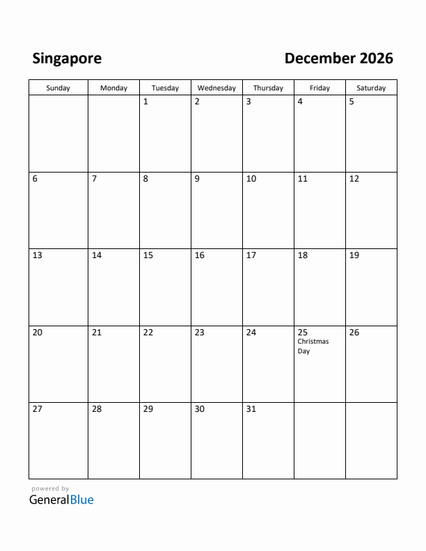 December 2026 Calendar with Singapore Holidays