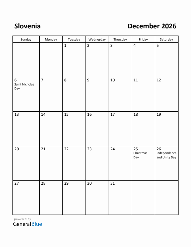 December 2026 Calendar with Slovenia Holidays