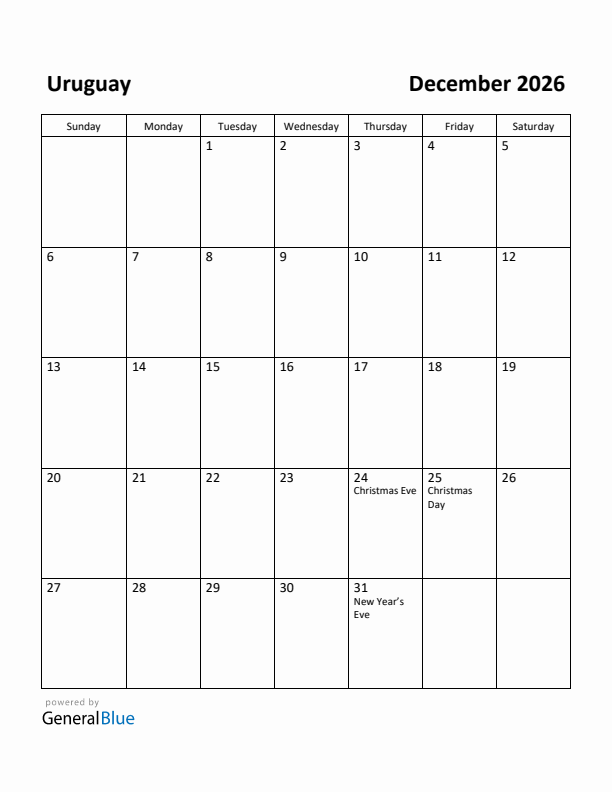 December 2026 Calendar with Uruguay Holidays