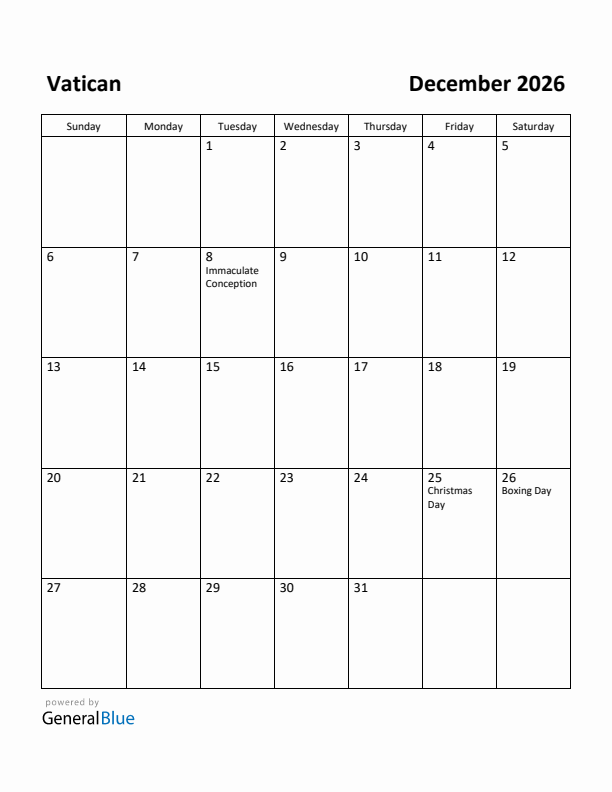 December 2026 Calendar with Vatican Holidays