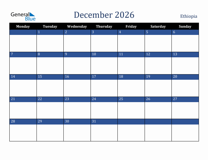 December 2026 Ethiopia Calendar (Monday Start)