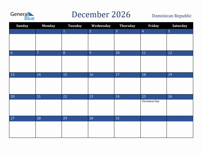 December 2026 Dominican Republic Calendar (Sunday Start)