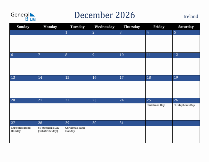 December 2026 Ireland Calendar (Sunday Start)