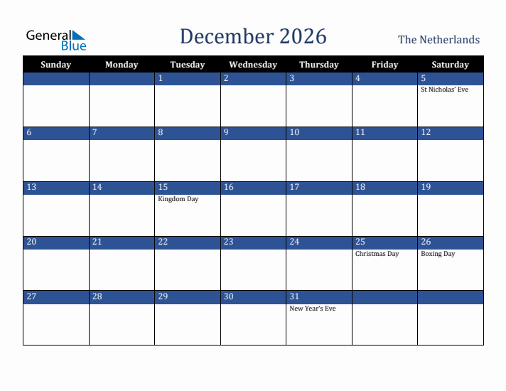 December 2026 The Netherlands Calendar (Sunday Start)