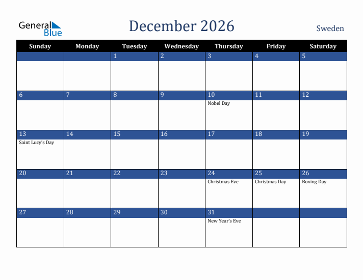 December 2026 Sweden Calendar (Sunday Start)