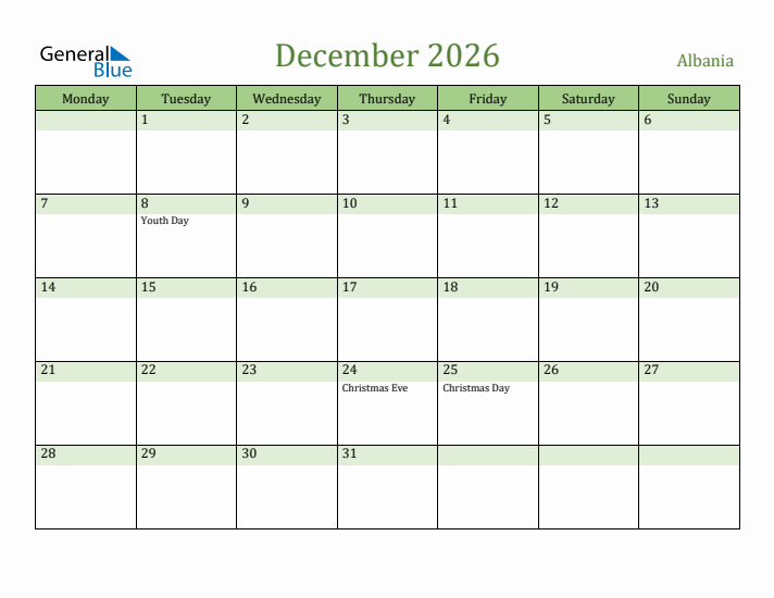 December 2026 Calendar with Albania Holidays