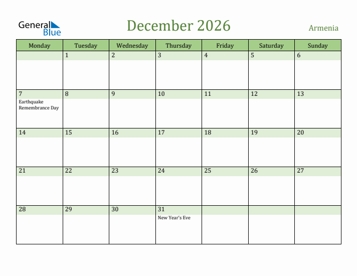 December 2026 Calendar with Armenia Holidays