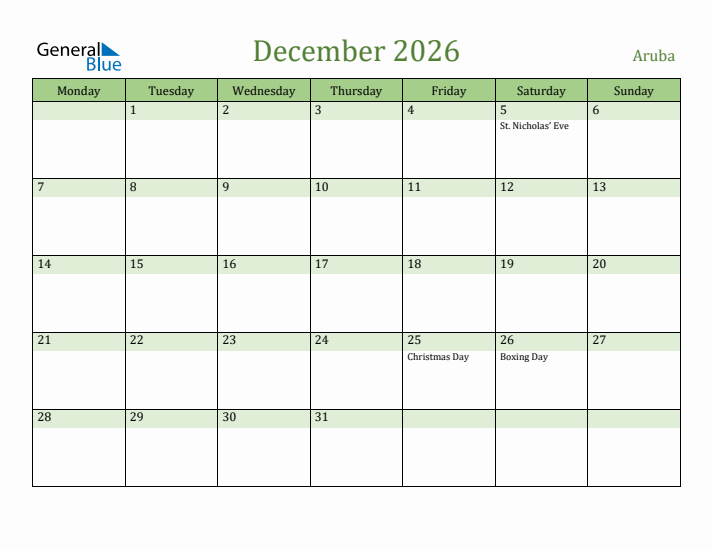 December 2026 Calendar with Aruba Holidays