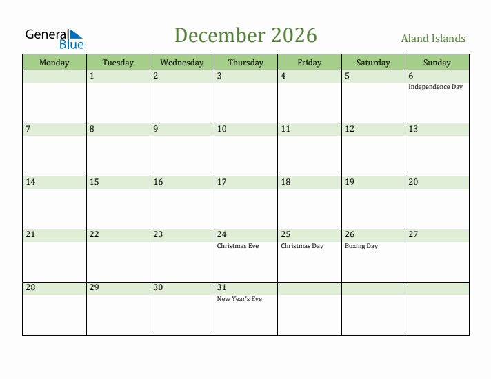 December 2026 Calendar with Aland Islands Holidays