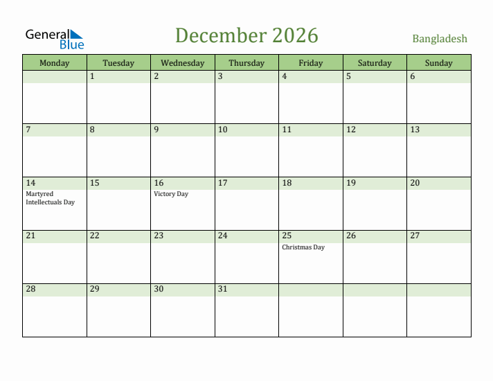 December 2026 Calendar with Bangladesh Holidays