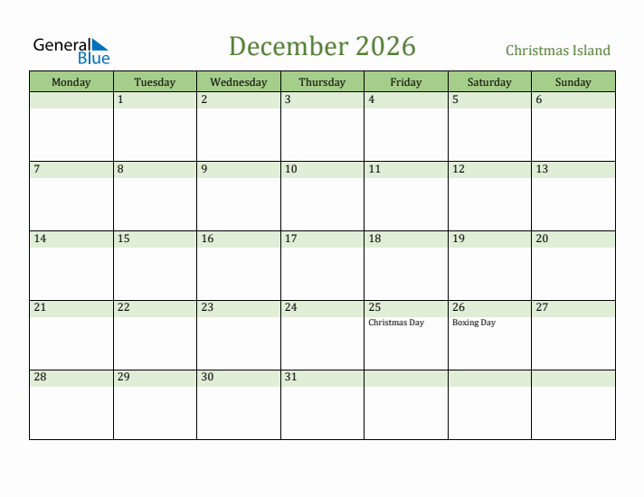 December 2026 Calendar with Christmas Island Holidays