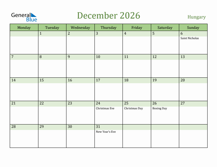 December 2026 Calendar with Hungary Holidays