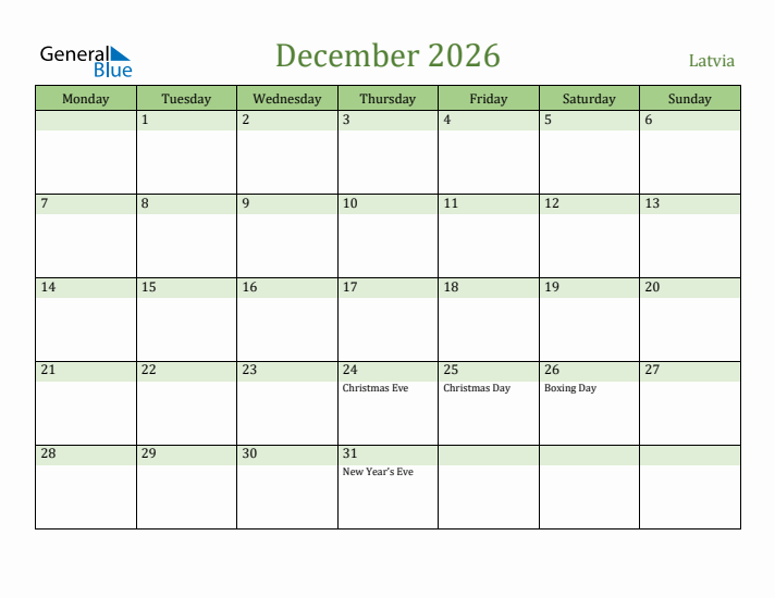 December 2026 Calendar with Latvia Holidays