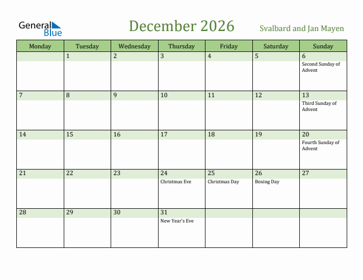 December 2026 Calendar with Svalbard and Jan Mayen Holidays