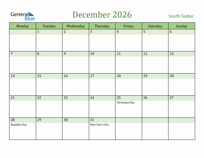 December 2026 Calendar with South Sudan Holidays