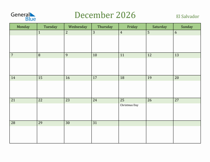 December 2026 Calendar with El Salvador Holidays