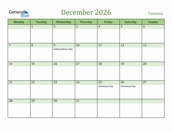 December 2026 Calendar with Tanzania Holidays