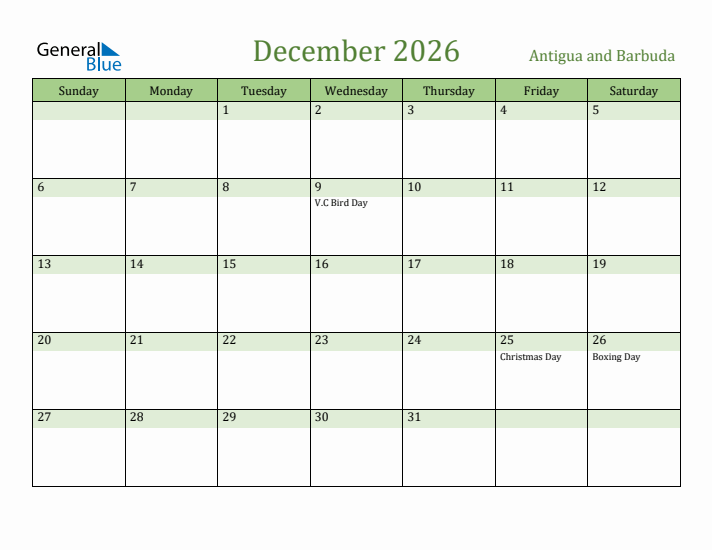 December 2026 Calendar with Antigua and Barbuda Holidays