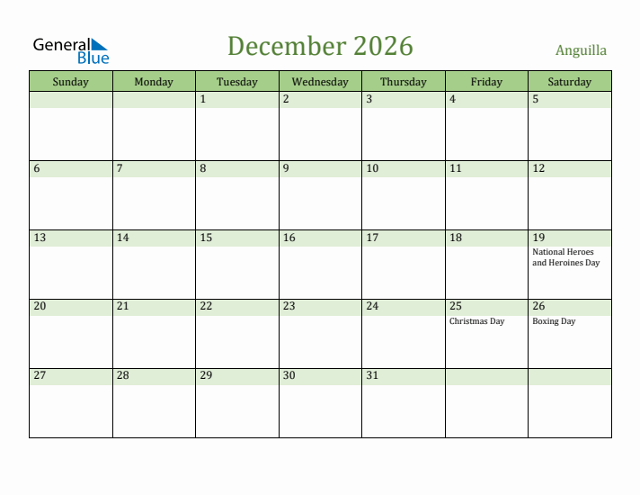 December 2026 Calendar with Anguilla Holidays