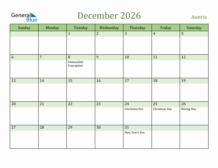 December 2026 Calendar with Austria Holidays