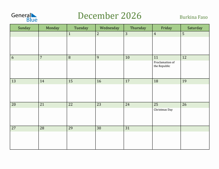 December 2026 Calendar with Burkina Faso Holidays