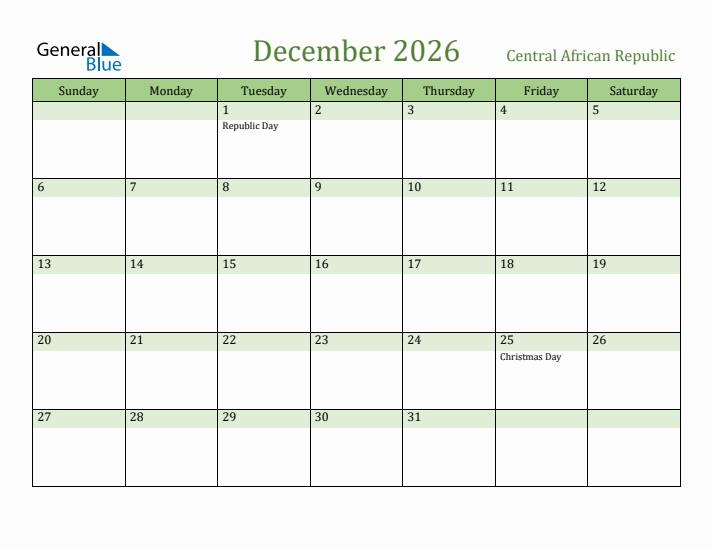 December 2026 Calendar with Central African Republic Holidays