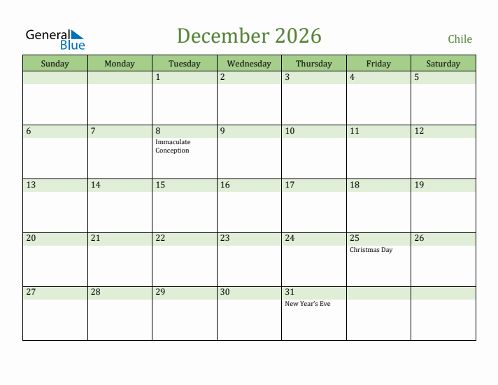 December 2026 Calendar with Chile Holidays