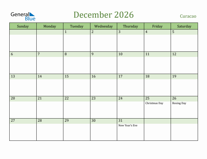 December 2026 Calendar with Curacao Holidays