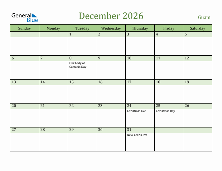 December 2026 Calendar with Guam Holidays