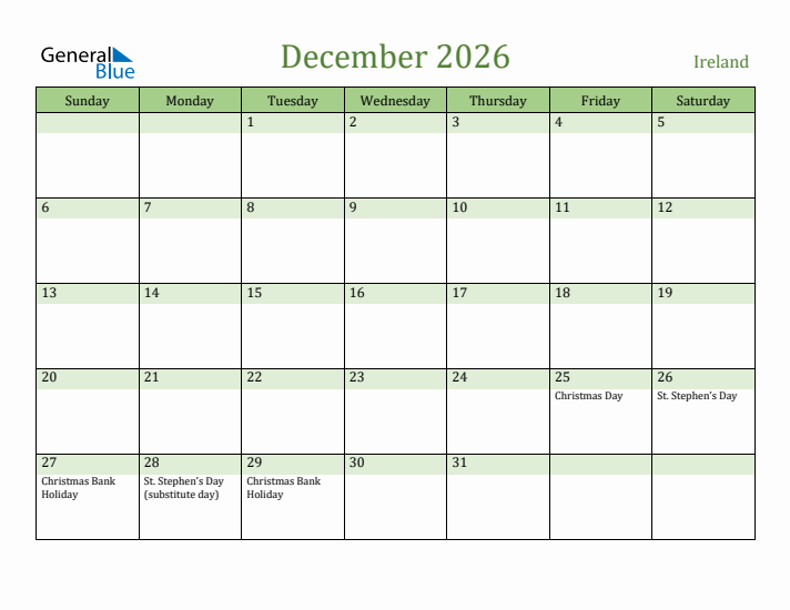 December 2026 Calendar with Ireland Holidays