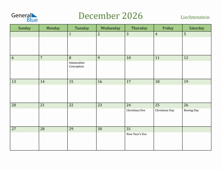 December 2026 Calendar with Liechtenstein Holidays