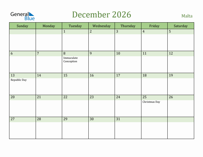 December 2026 Calendar with Malta Holidays