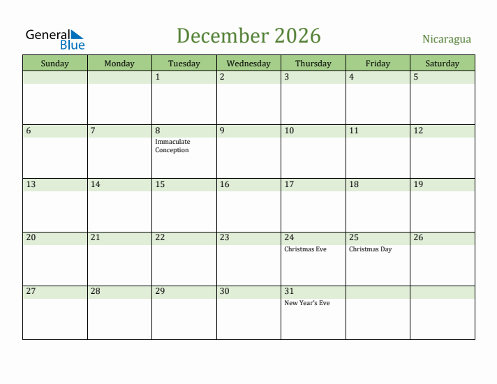 December 2026 Calendar with Nicaragua Holidays