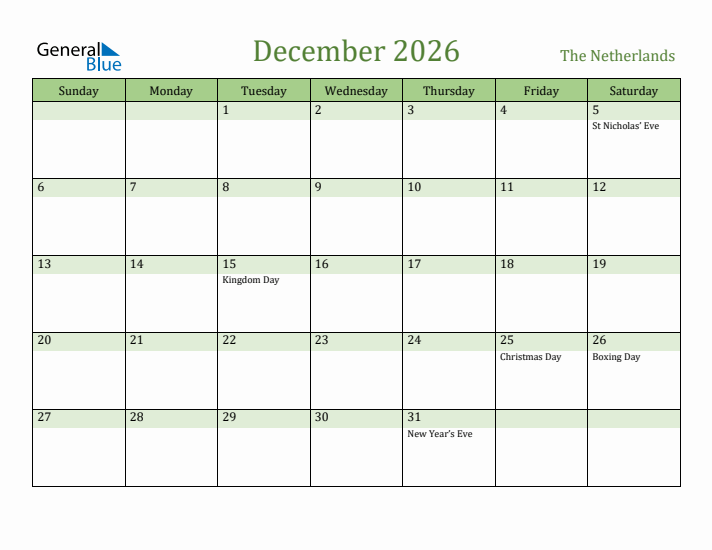 December 2026 Calendar with The Netherlands Holidays