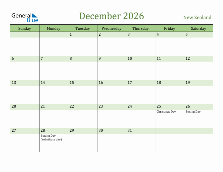 December 2026 Calendar with New Zealand Holidays