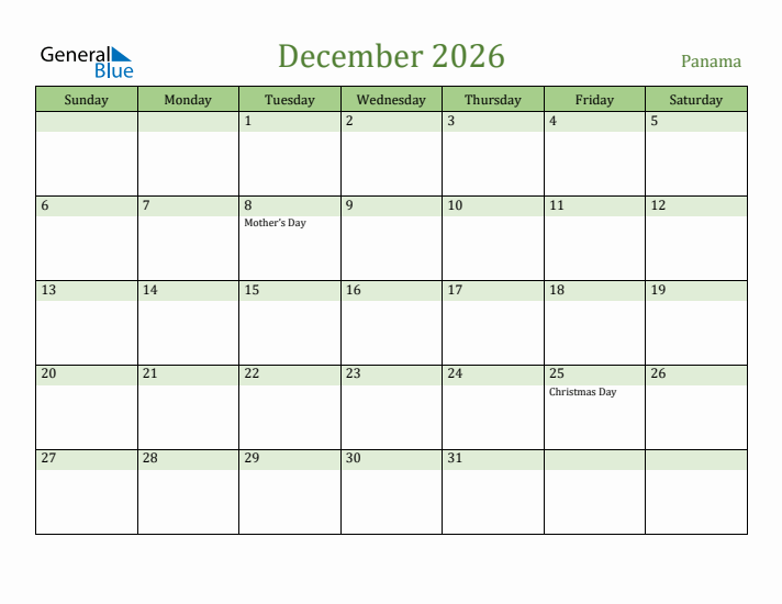 December 2026 Calendar with Panama Holidays