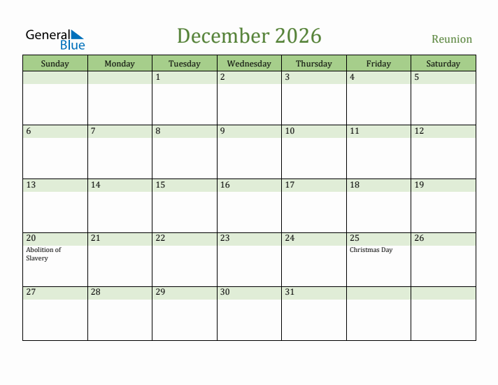 December 2026 Calendar with Reunion Holidays