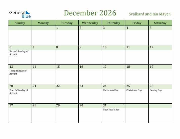 December 2026 Calendar with Svalbard and Jan Mayen Holidays