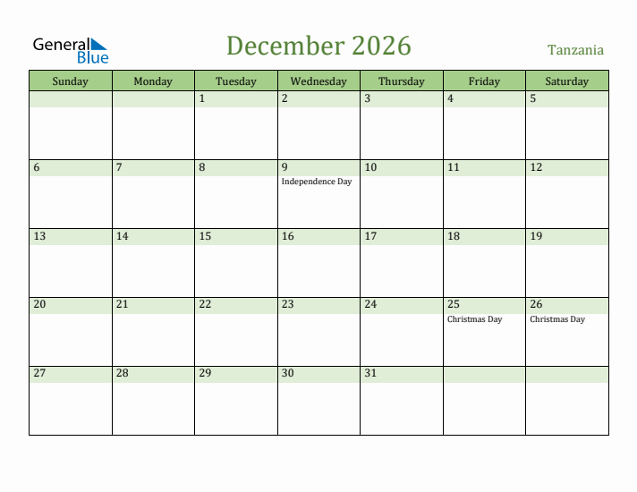 December 2026 Calendar with Tanzania Holidays