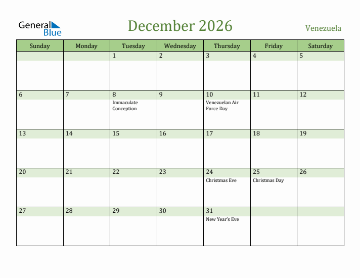 December 2026 Calendar with Venezuela Holidays