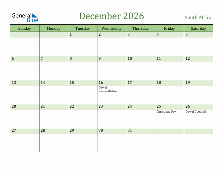 December 2026 Calendar with South Africa Holidays