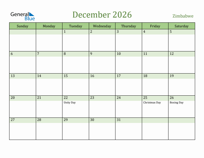 December 2026 Calendar with Zimbabwe Holidays