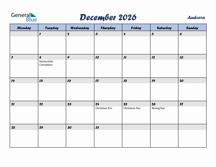 December 2026 Calendar with Holidays in Andorra