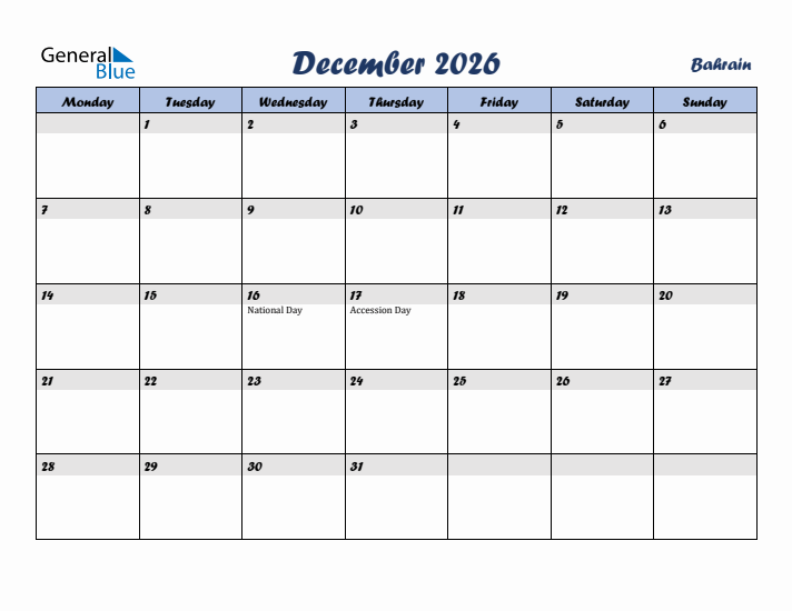 December 2026 Calendar with Holidays in Bahrain