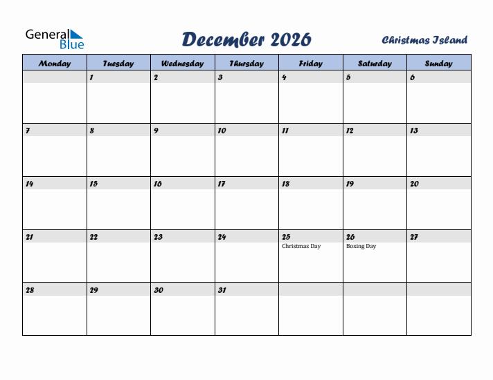 December 2026 Calendar with Holidays in Christmas Island