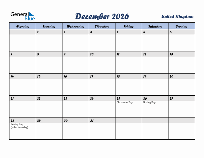 December 2026 Calendar with Holidays in United Kingdom