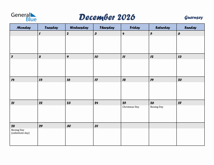 December 2026 Calendar with Holidays in Guernsey